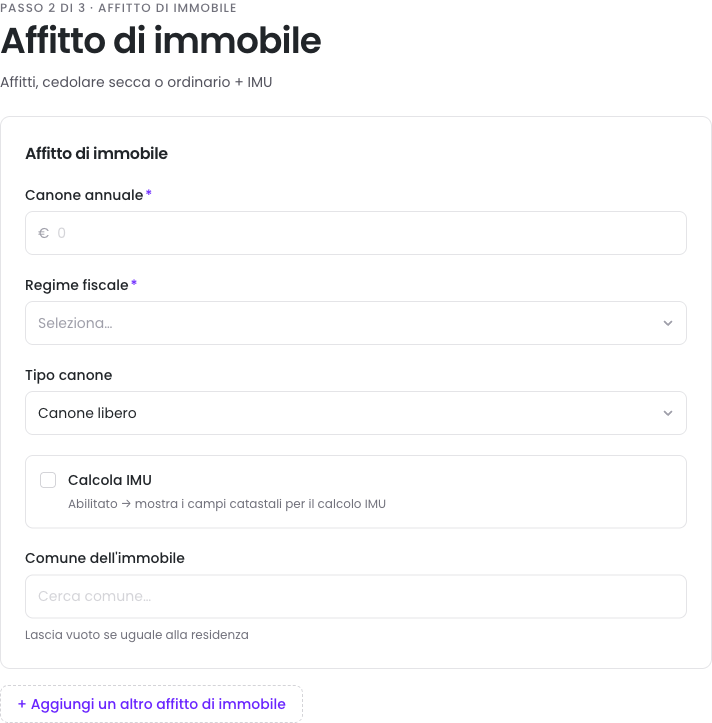 Inserimento di un immobile in affitto nel simulatore: canone, cedolare secca o IRPEF