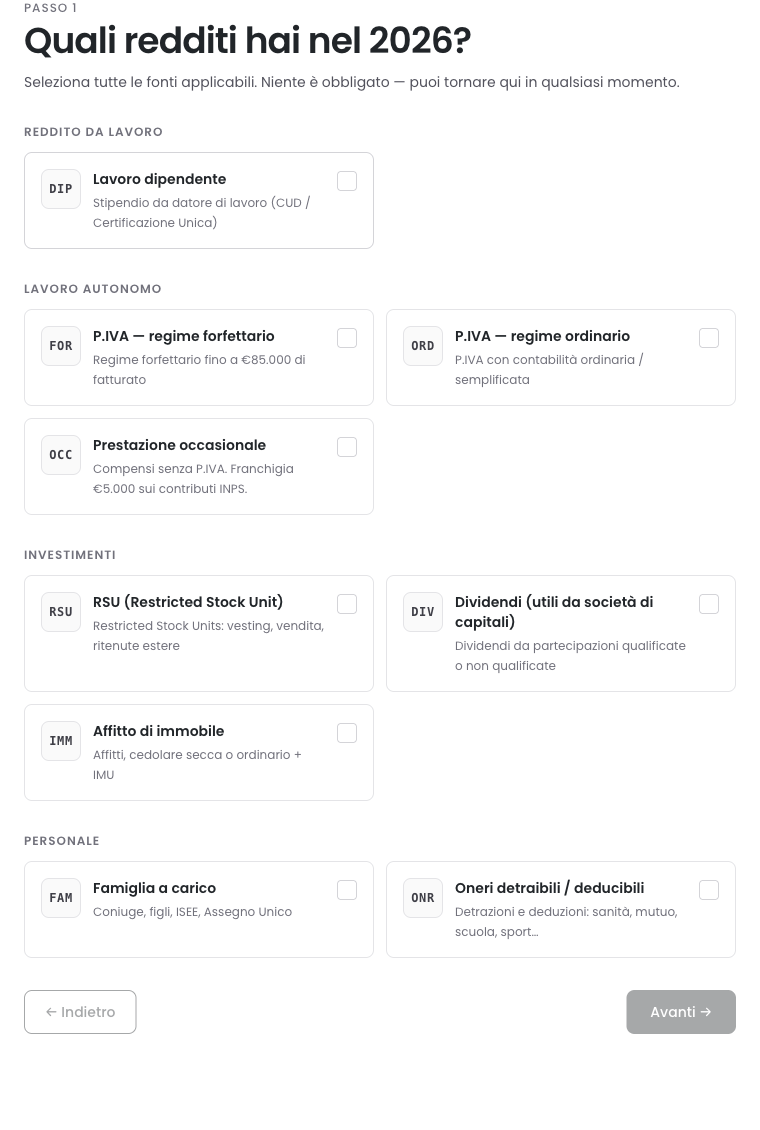 Selecting income sources in the TaxDemocracy tax calculator